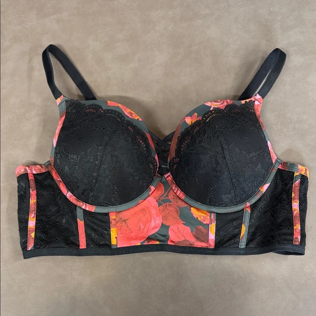 Torrid Black Lace and Retro Rose Floral Print XO Plunge Push-Up Bra Size 42C - Image 4