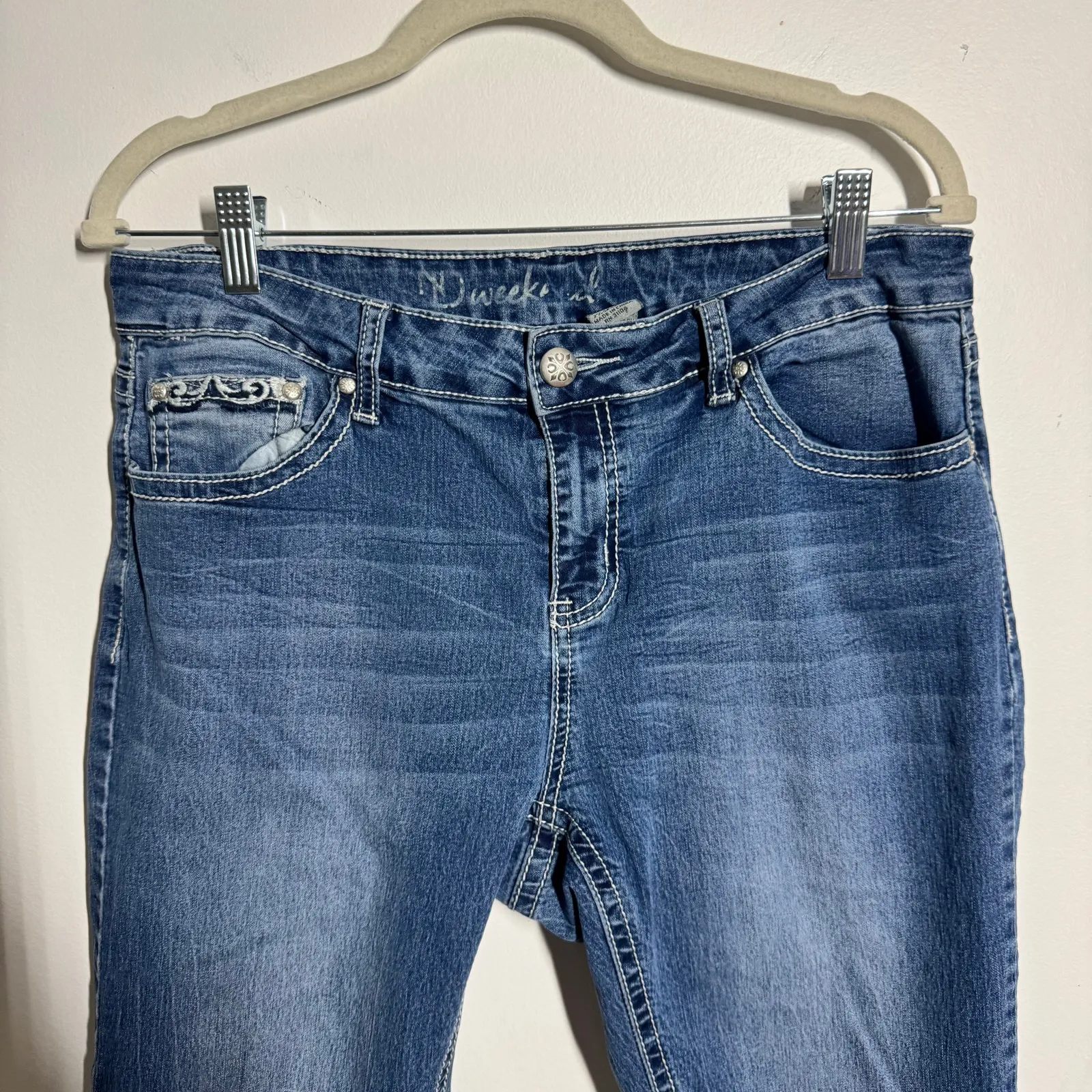 Y2K Bling Western Denim Capri Jeans Women 12 Flap Pocket Bedazzled Bratz VTG Blue - Image 3