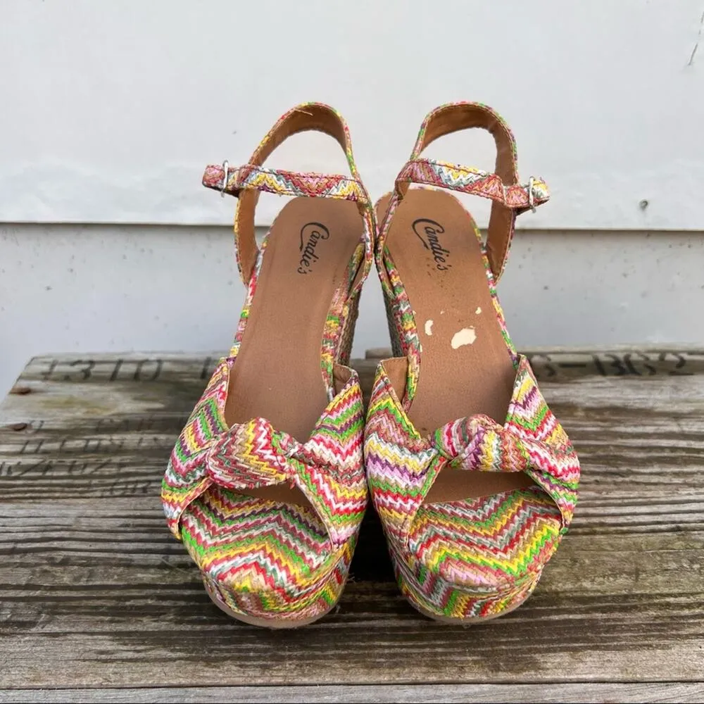 Retro Y2K Candies Calainey multi rainbow straw chevron wedge sandals Size 6 - Image 2