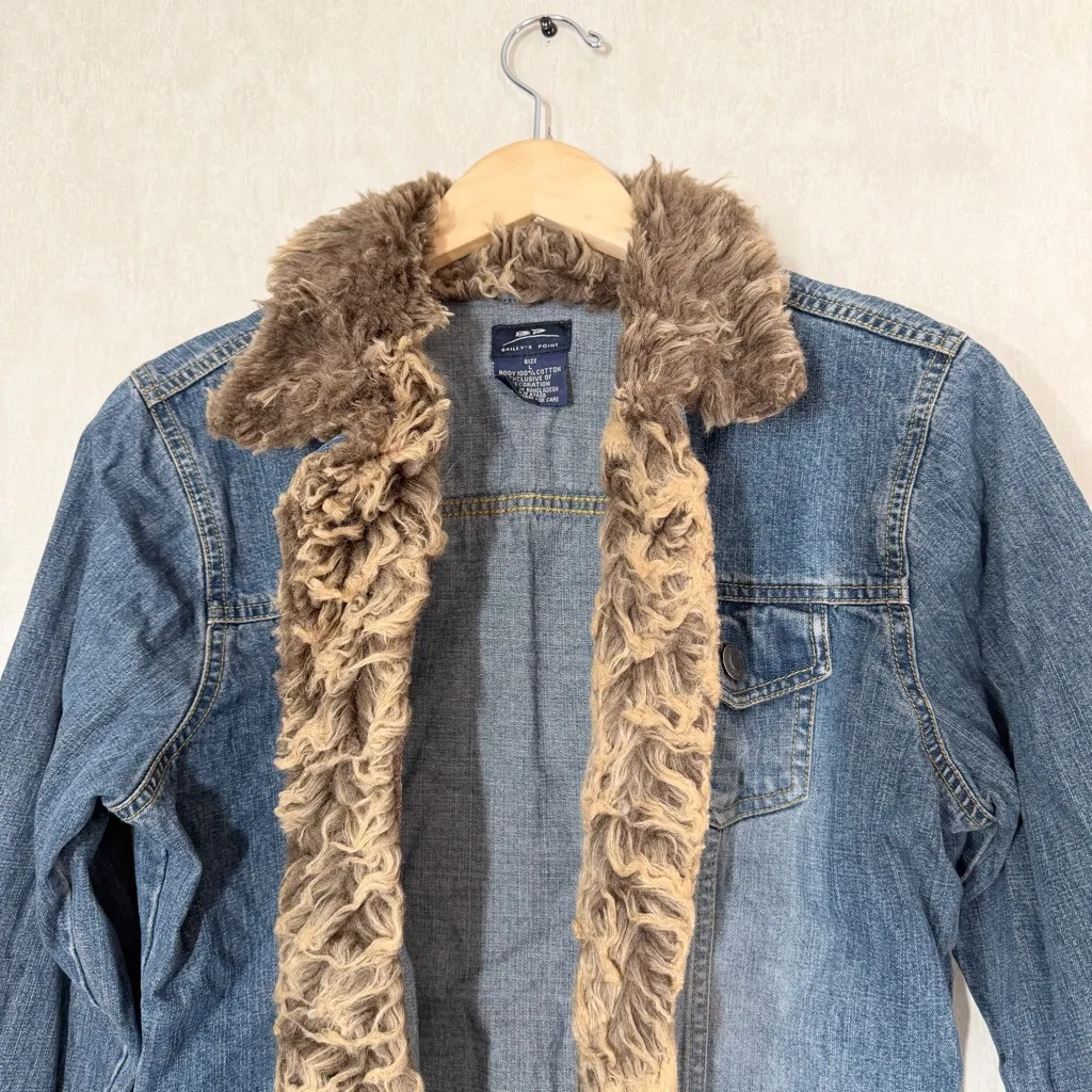 BP Bailey’s Point Women’s Y2K Vtg Faux Fur Denim Jacket Crop Penny Lane Mob L Blue Size L - Image 4