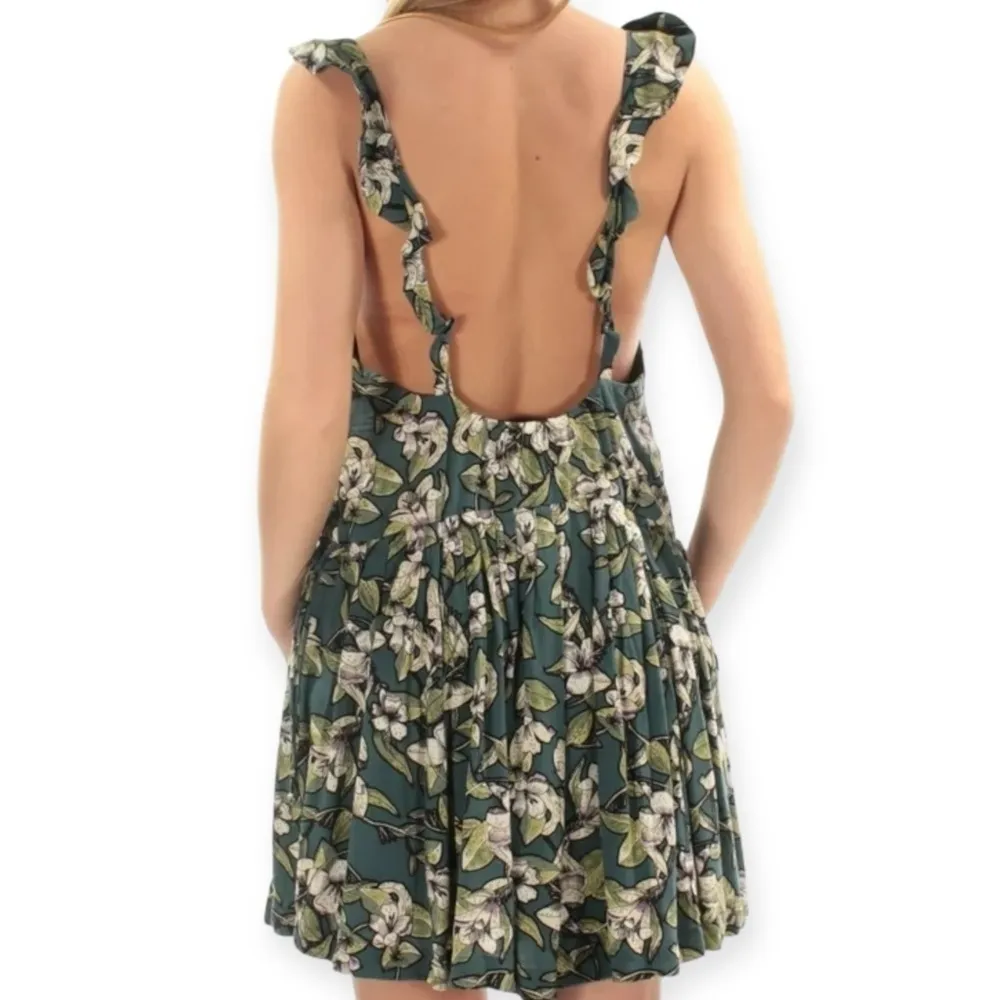 Free People Women’s Size M Teal Green Floral Dear You Ruffle Strap Mini Dress - Image 3