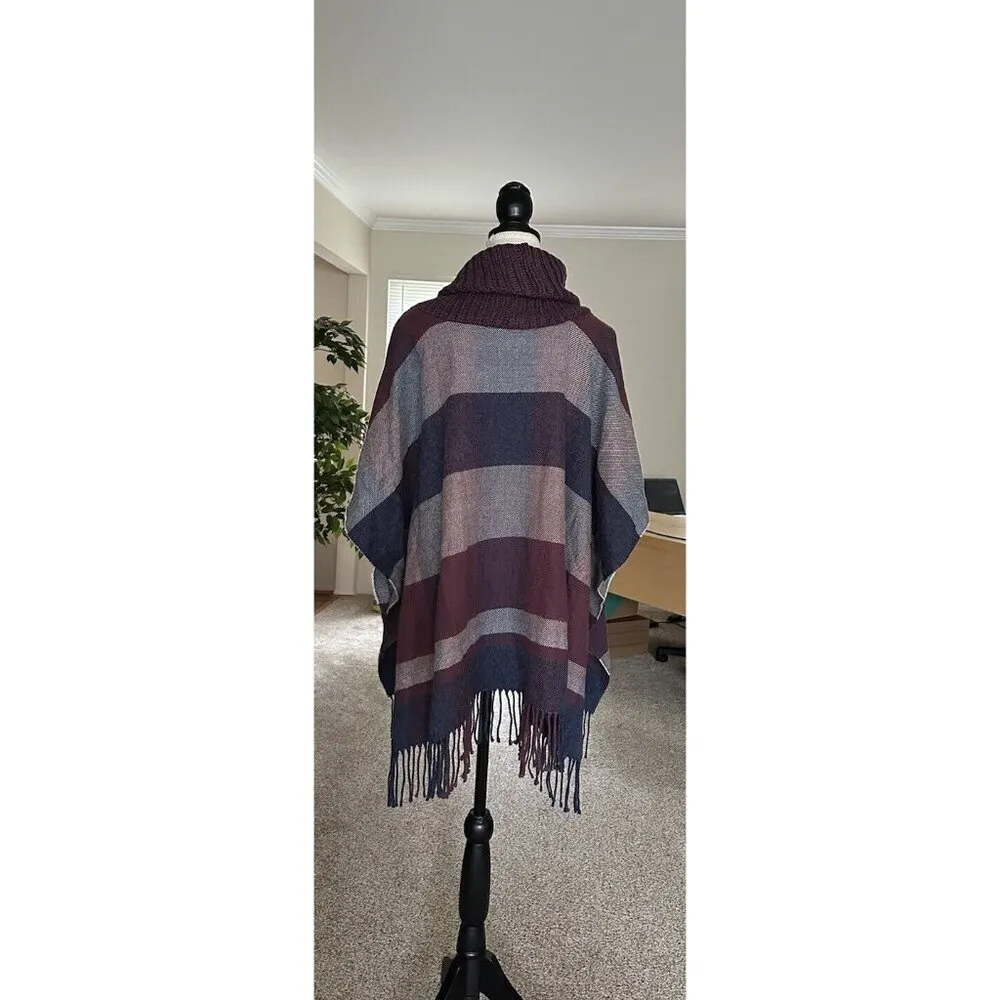 Johnston & Murphy Plaid Wine Red Blue Gray Poncho Cowl Neck w/ Fringe One Size - Image 9