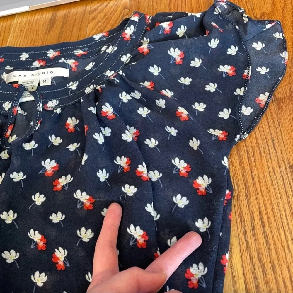 MAX STUDIO Bubble Hem Blouse Navy Blue White Coral Red Floral Short Sleeve Boho - Image 14