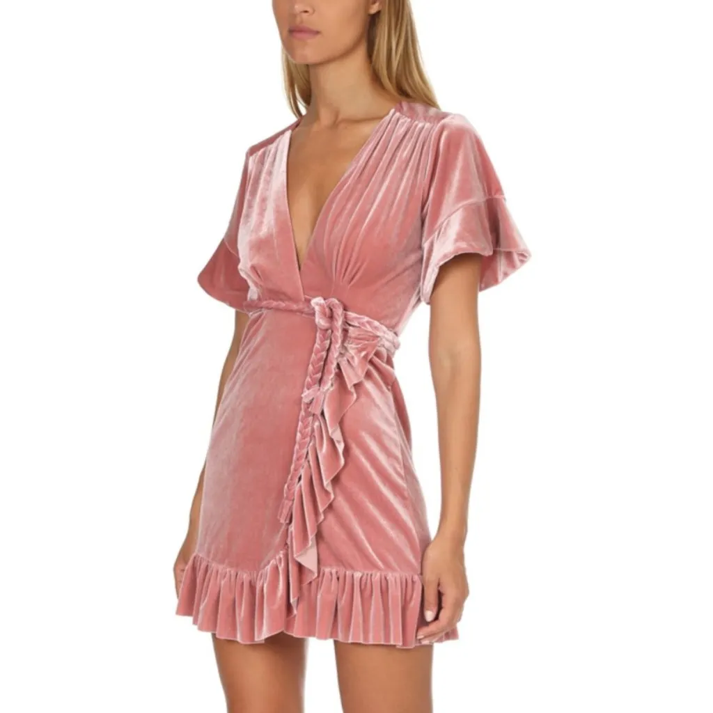 NWT Misa Los Angeles Desma Crushed Velvet Wrap Dress Pink Medium - Image 8