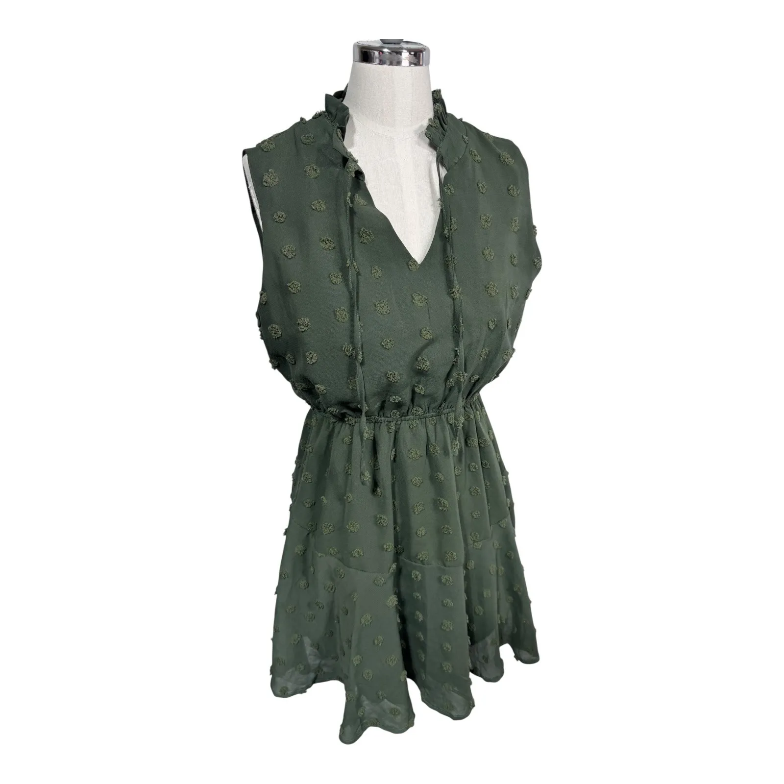 Simplee Swiss Dot Chiffon Ruffle Mini‎ Dress Army Green Sleeveless Women's Small - Image 6