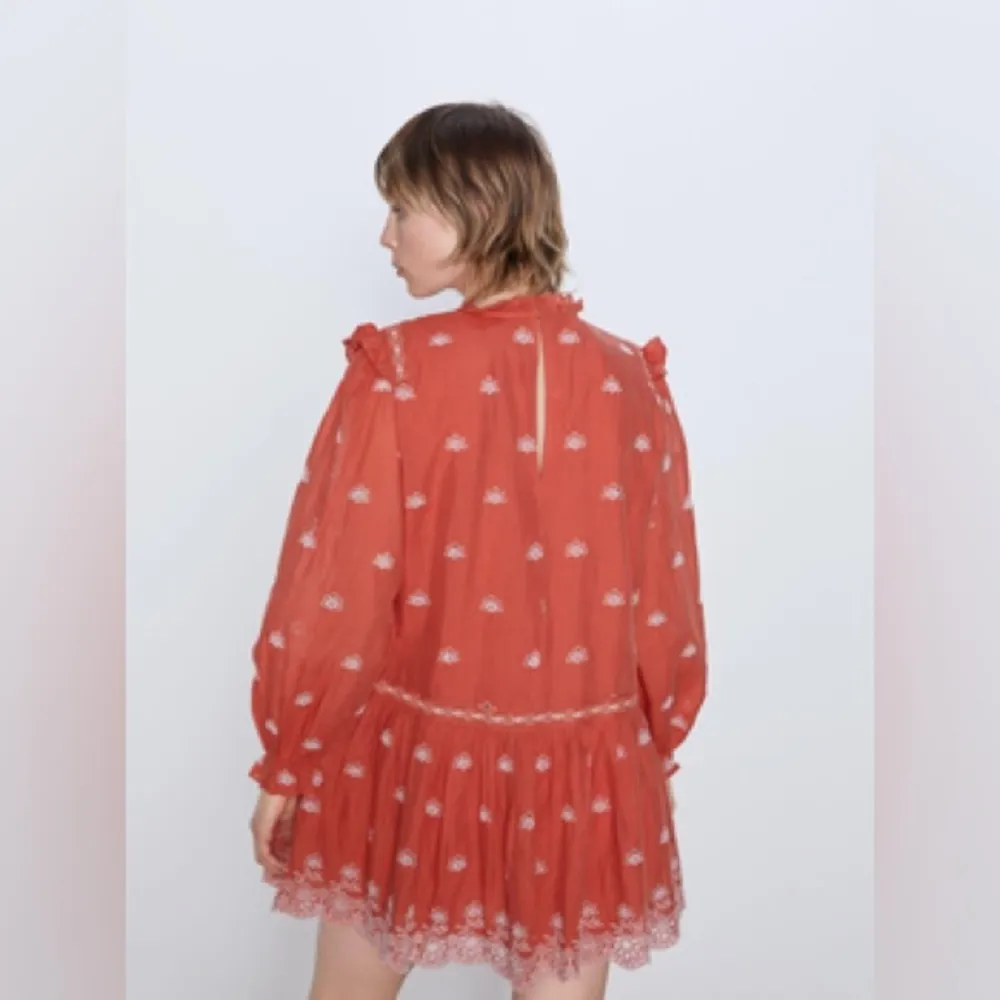 ZARA Ruffled Eyelet Embroidered Boho Long Sleeve Mini Dress in Coral Size S - Image 3