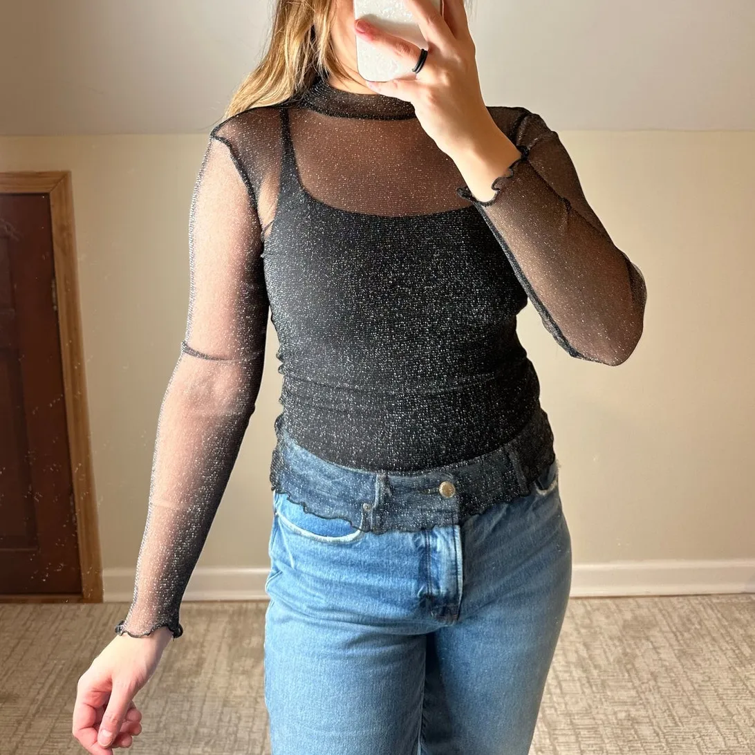 Black Sparkly Mesh Mock Neck Long Sleeve Top - Image 6