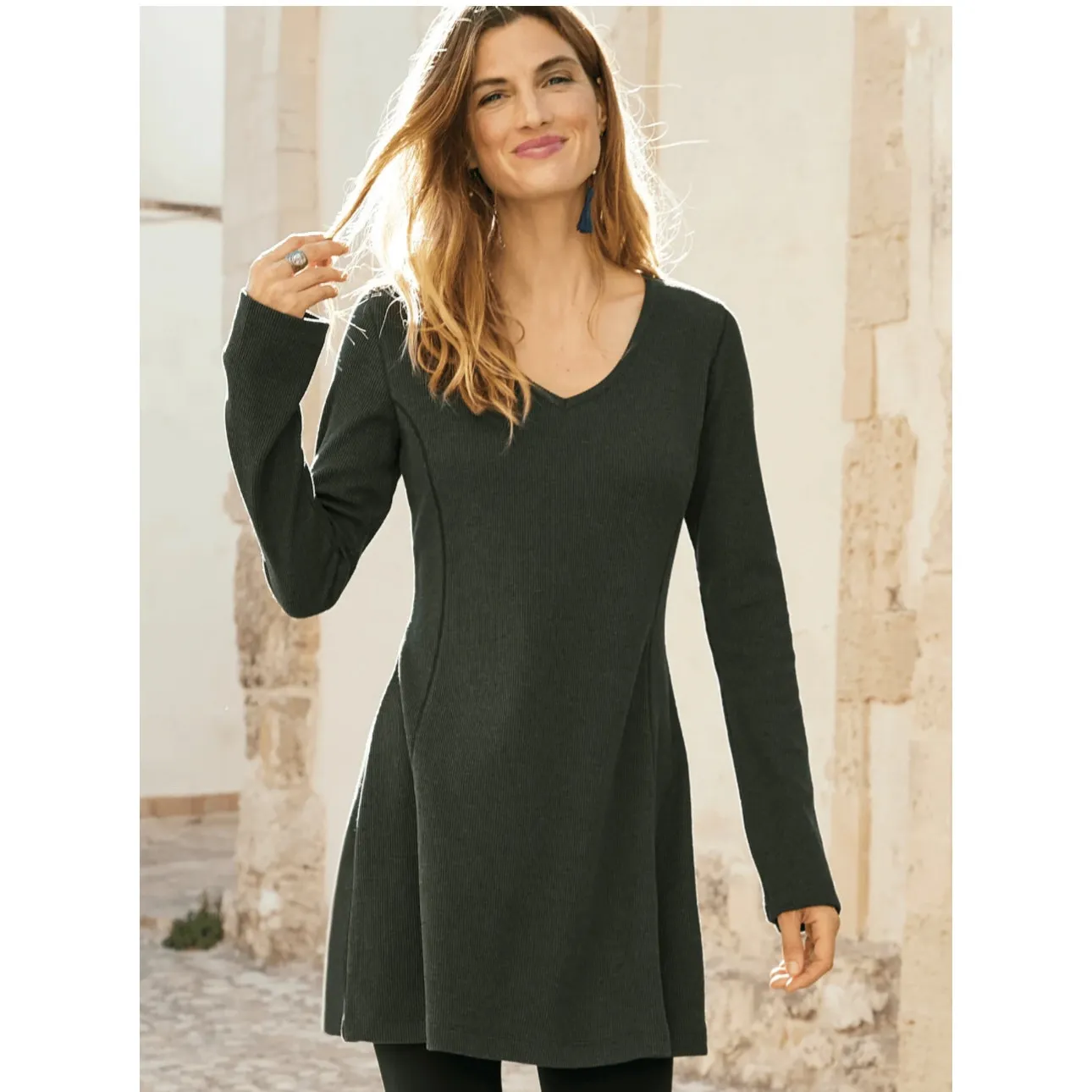 Peruvian Connection Waffle Knit Tunic Dress Sz L Gray Semi Fitted Minimalist - Image 2