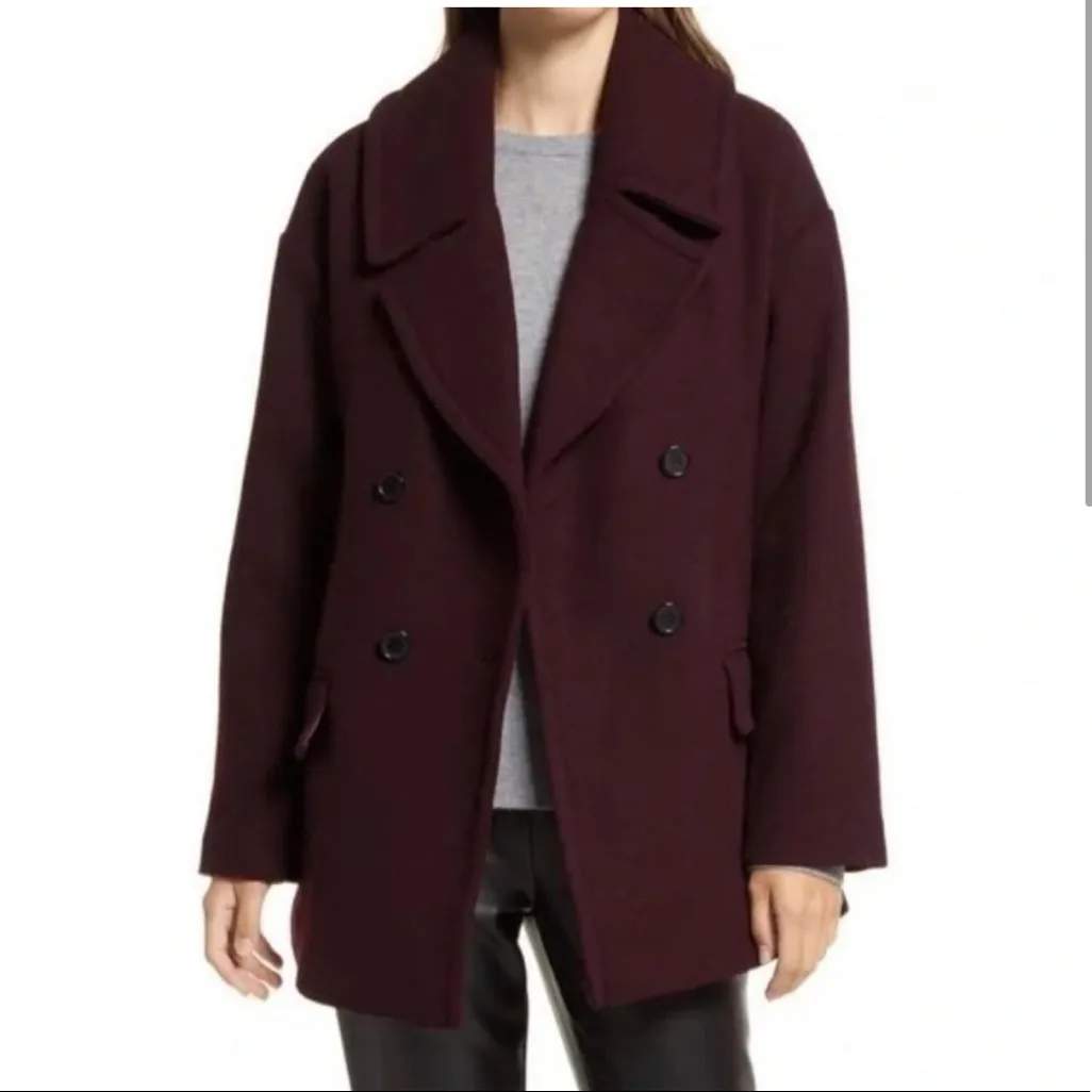 Nordstrom  Double Breasted Wool Blend Peacoat Burgundy S - Image 2