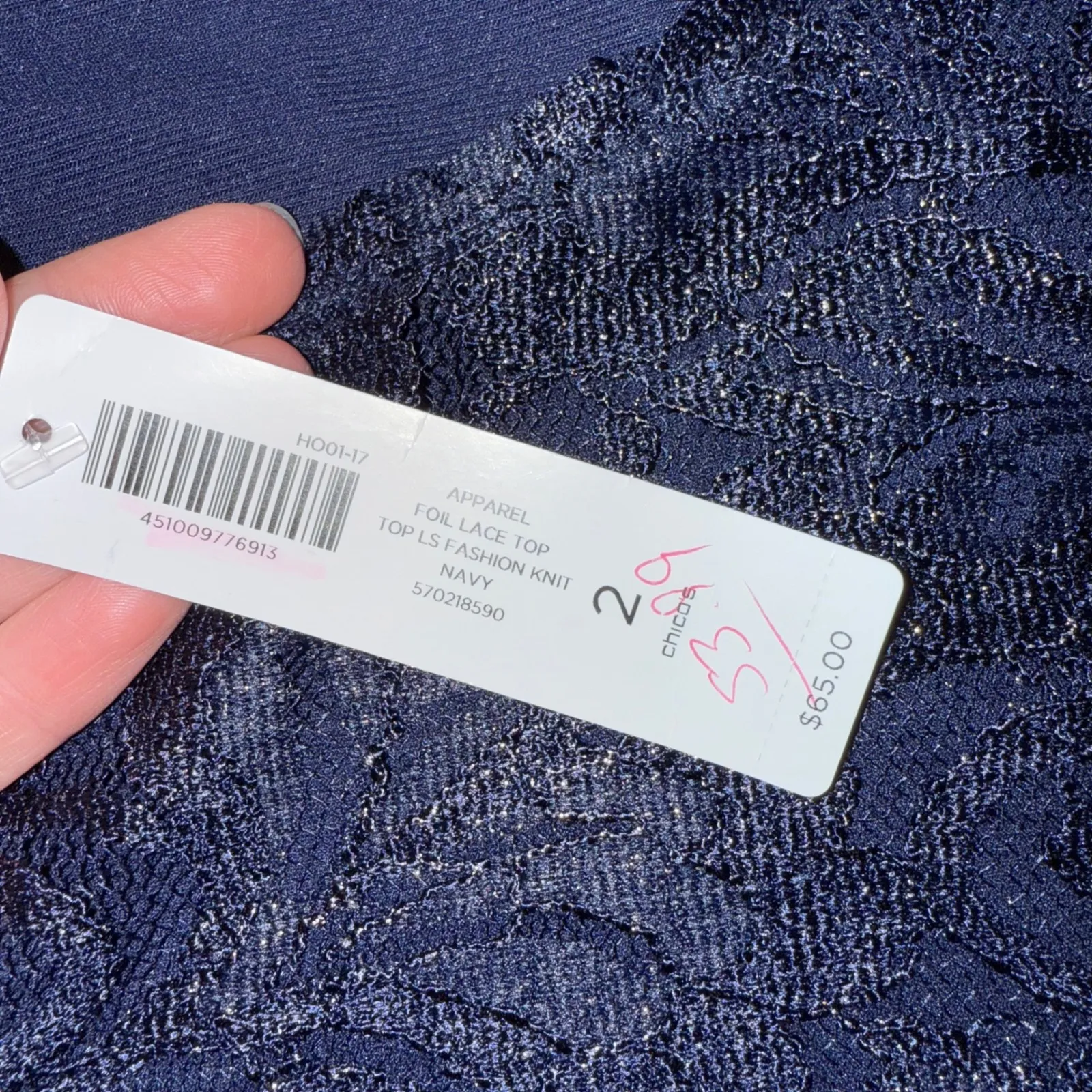 Chicos Foil Lace Top Long Sleeve Knit Navy Blue Size 2 holiday work‎ office NWT - Image 4