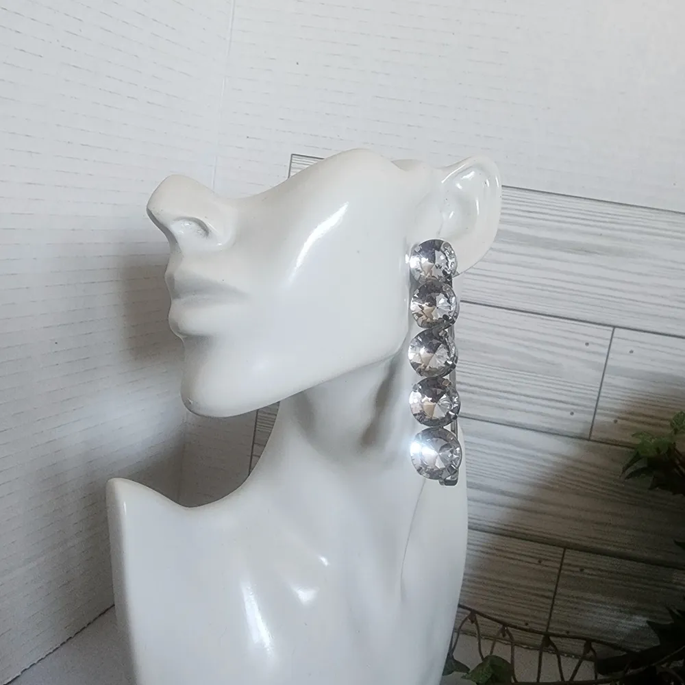 Statement Silver Long Rectangle Hoop Earrings - Image 5