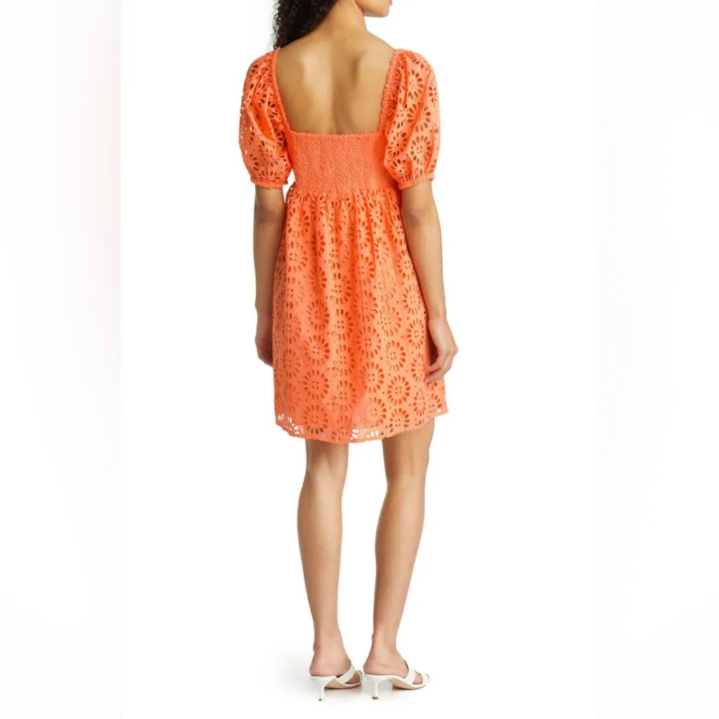 Lilly Pulitzer Kay Babydoll Orange Cantaloupe Tangerine Eyelet Puff Sleeve Dress - Image 2