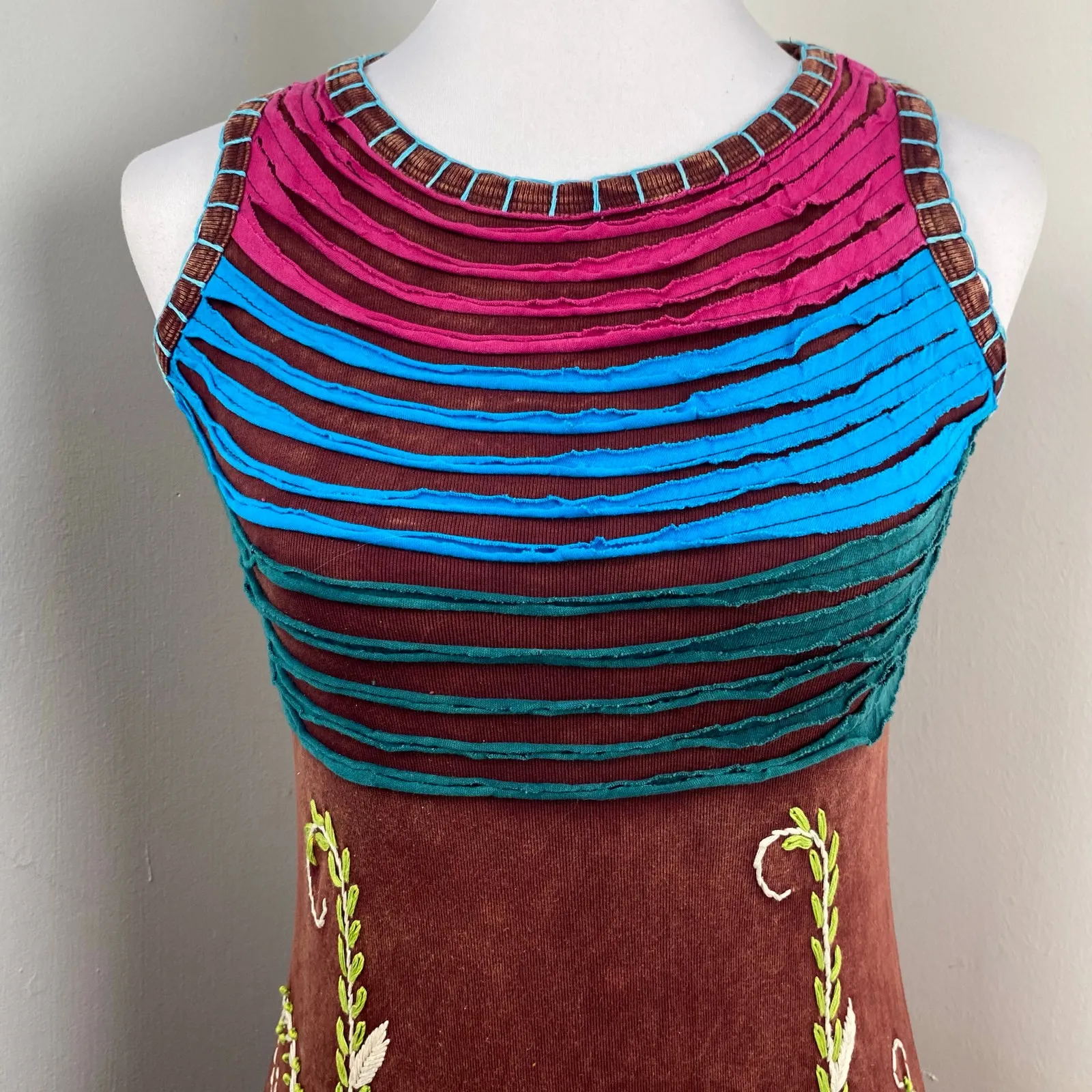 KPC Boho Multicolored Razor Cut Handcrafted Embroidered Bodycon Dress XL Brown - Image 2