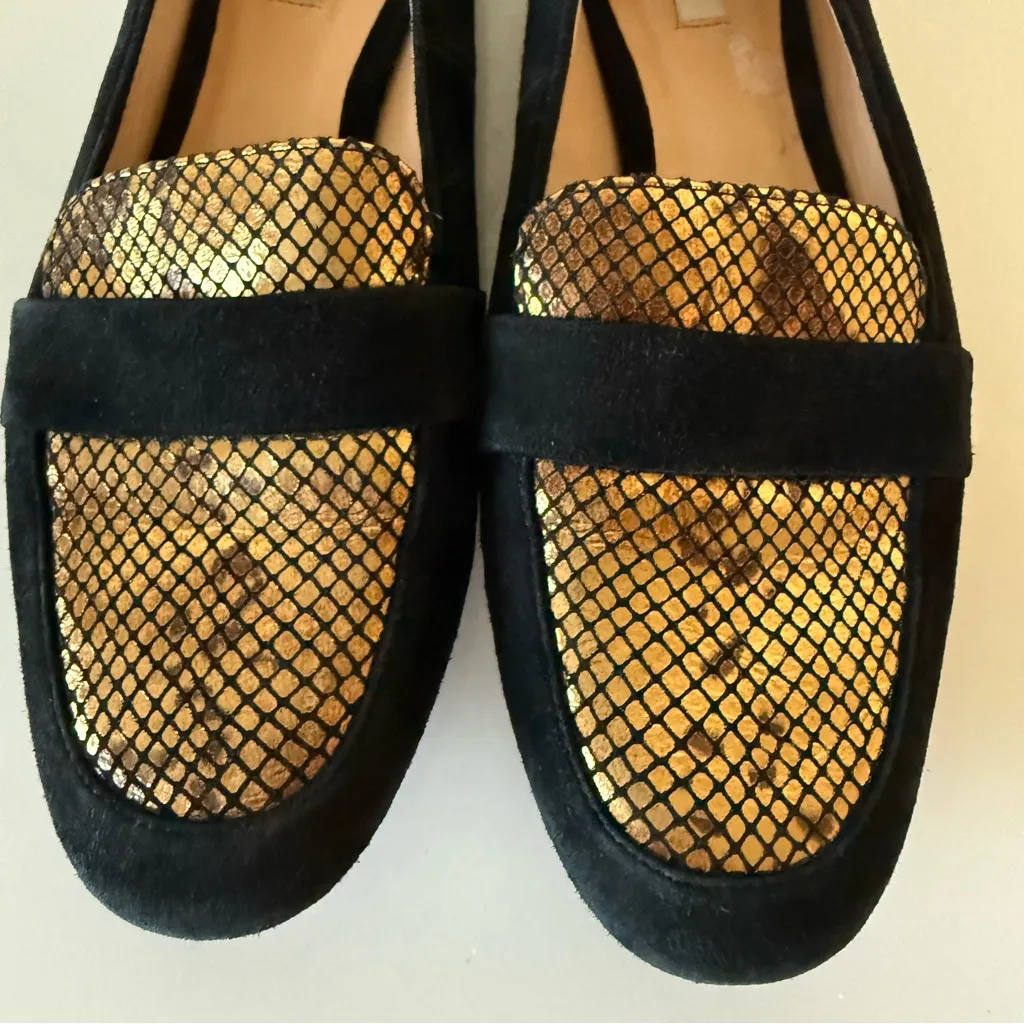 Cole Haan Grand Dakota snakeskin embossed loafers black suede gold Sz 8 - Image 2