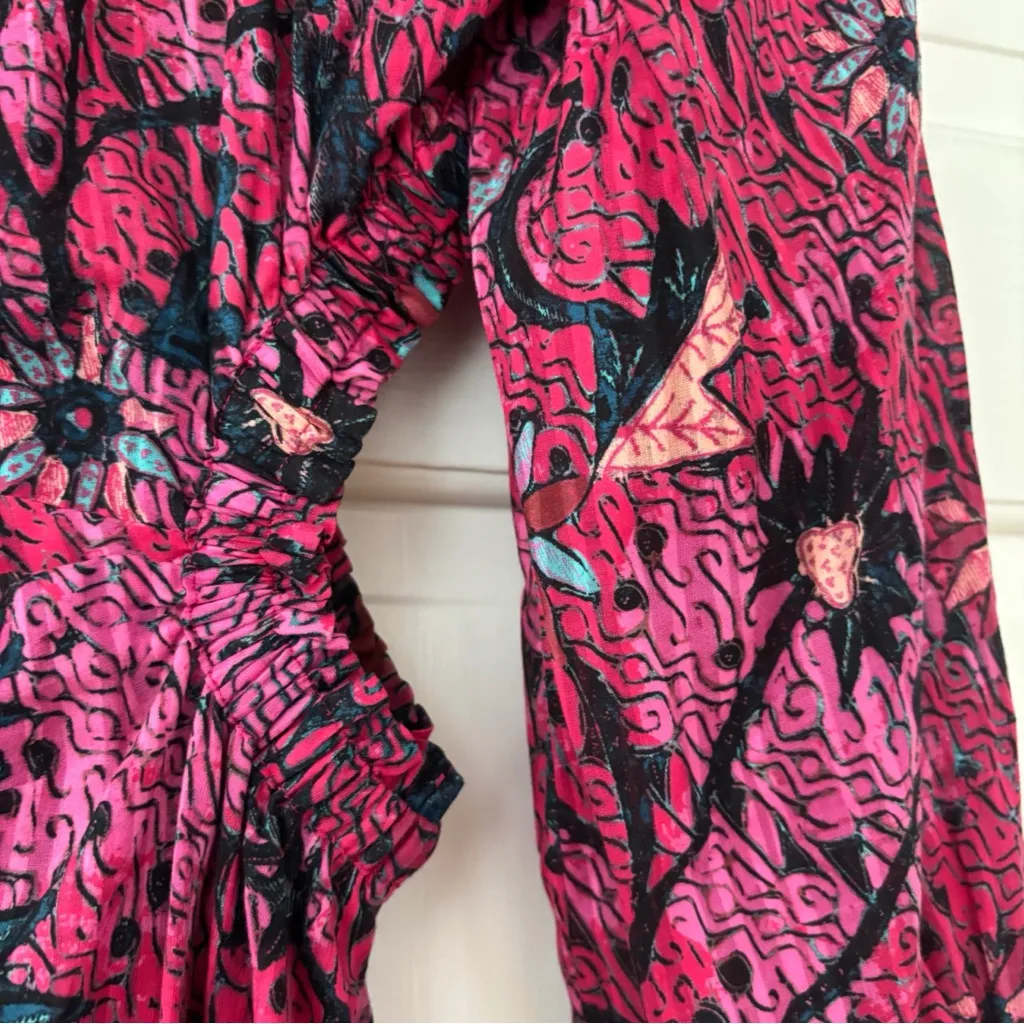 Ulla Johnson Helia Ruched Print Cotton Midi Dress Pink Snapdragon Size 2 Cut Out - Image 14