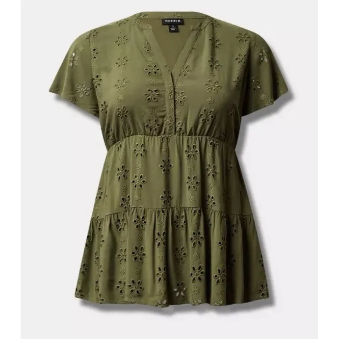 Torrid Olive Green Eyelet Flutter Sleeve Babydoll Tiered Top Size 1X - Image 4