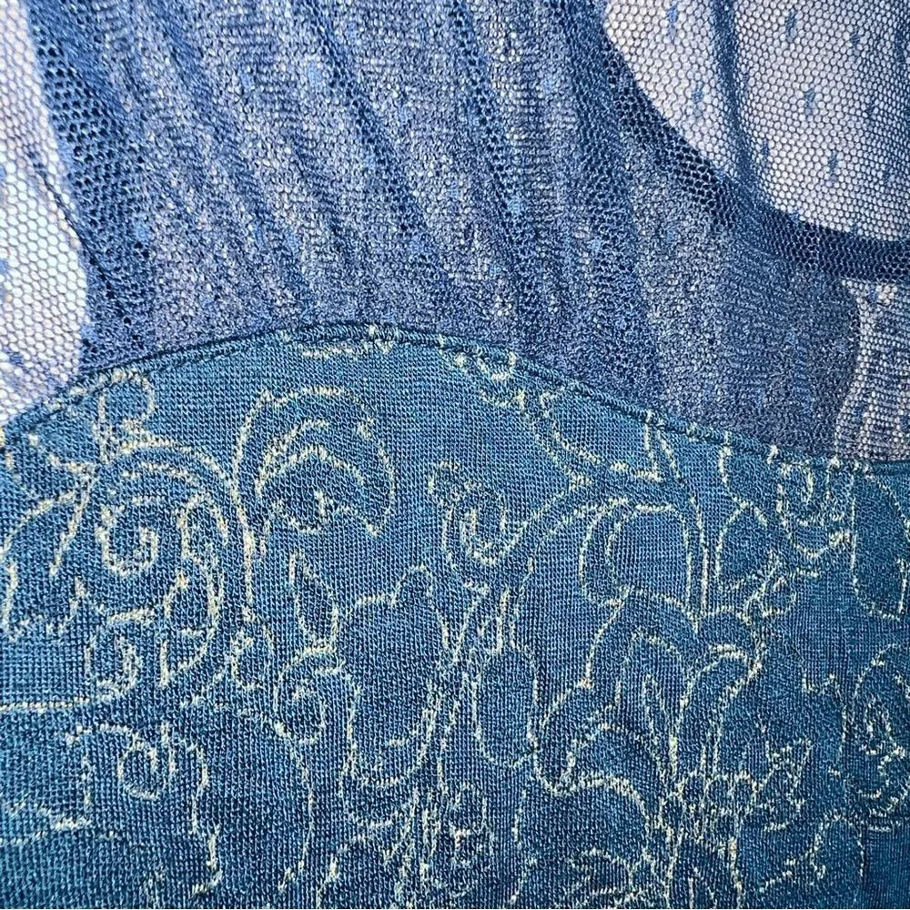 Free People Mini Dress in Blue w/Gold Metallic Floral Pattern Net @Neckline-Sz M - Image 7