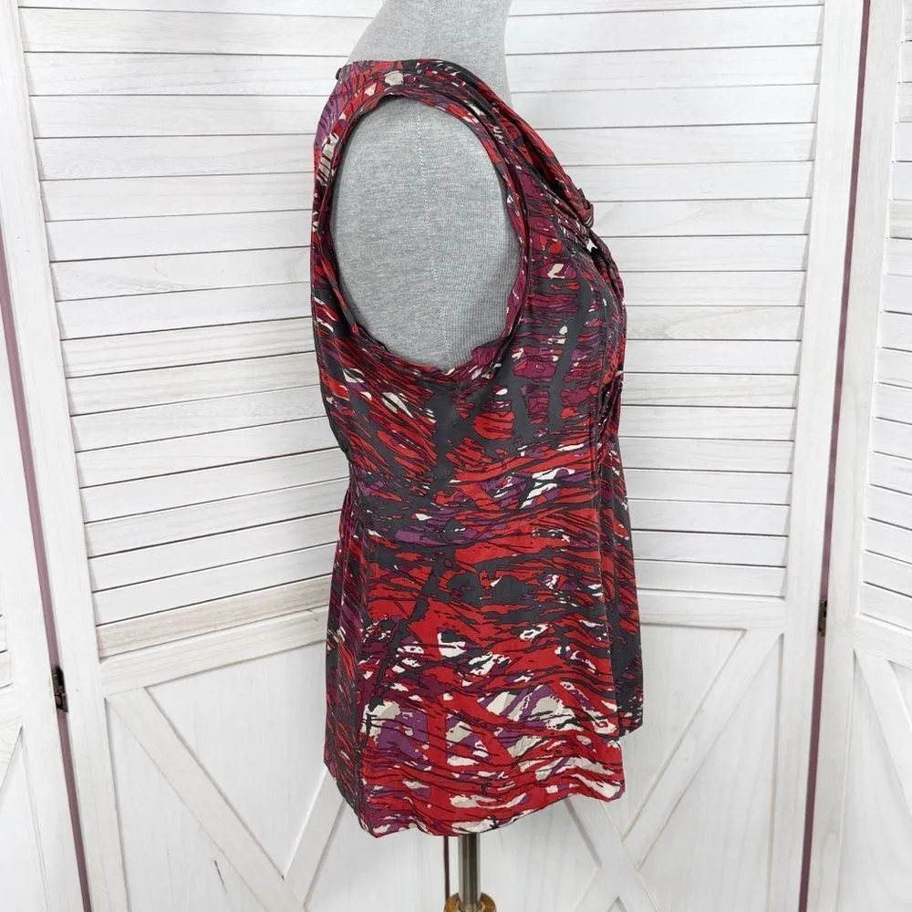 BCBGMaxAzria Abstract Print Knot Front Silk Blouse Sleeveless Black Red Medium - Image 3
