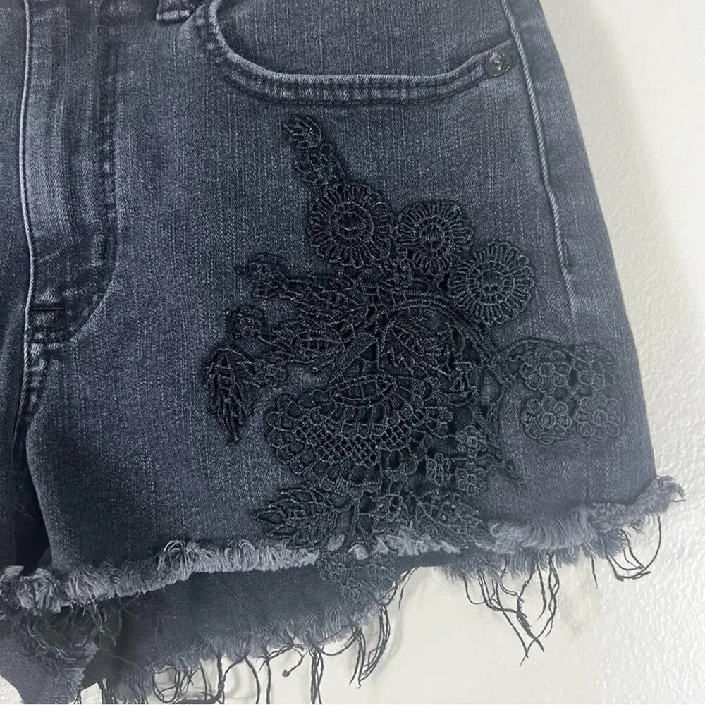 American Eagle Black Floral Embroidered High Waisted Denim Shorts - Image 2