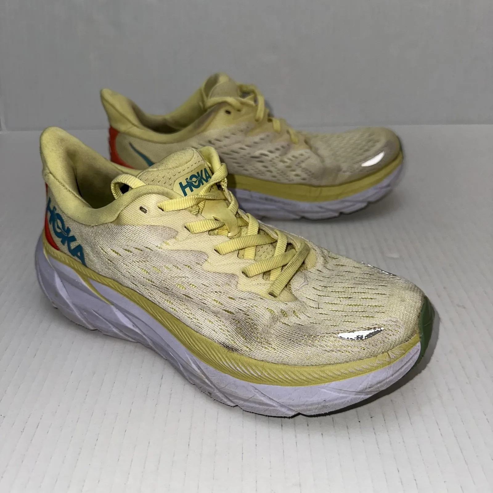 Hoka One One Clifton 8 Running Shoes Womens Size 6 Yellow Orange Green Mesh - Image 3