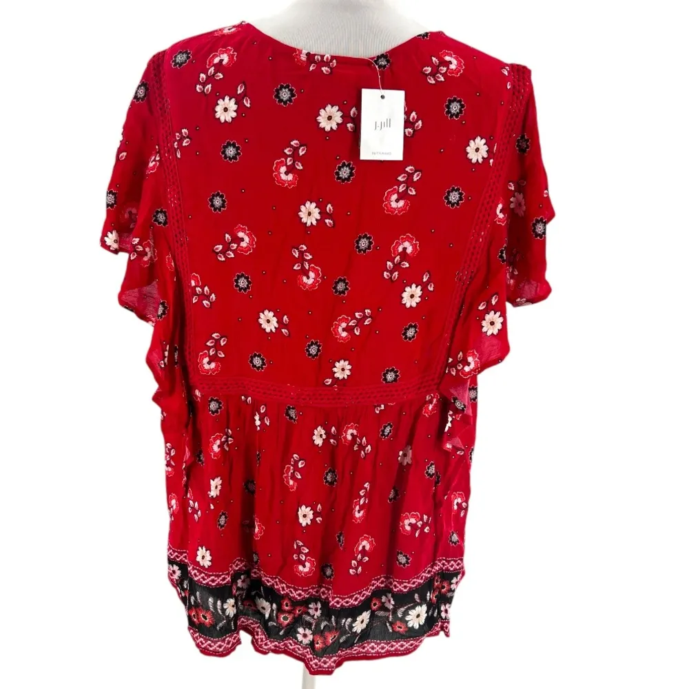 NWT J. Jill Ruffled Sleeve floral Top boho float sz 1x red black - Image 5