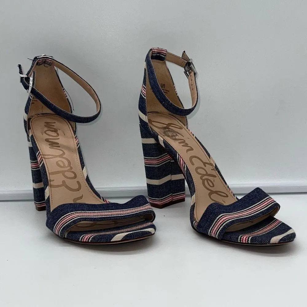 Sam‎ Edelman Yaro Denim Striped Strappy Chunky Heel Sandal - Image 10