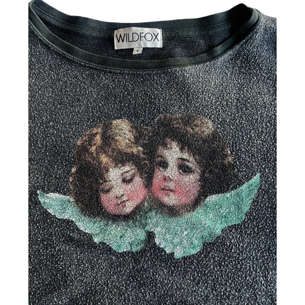 WILDFOX Sweatshirt Cherubs Angels Charcoal Black Pullover Sweater Small Rare EUC - Image 3