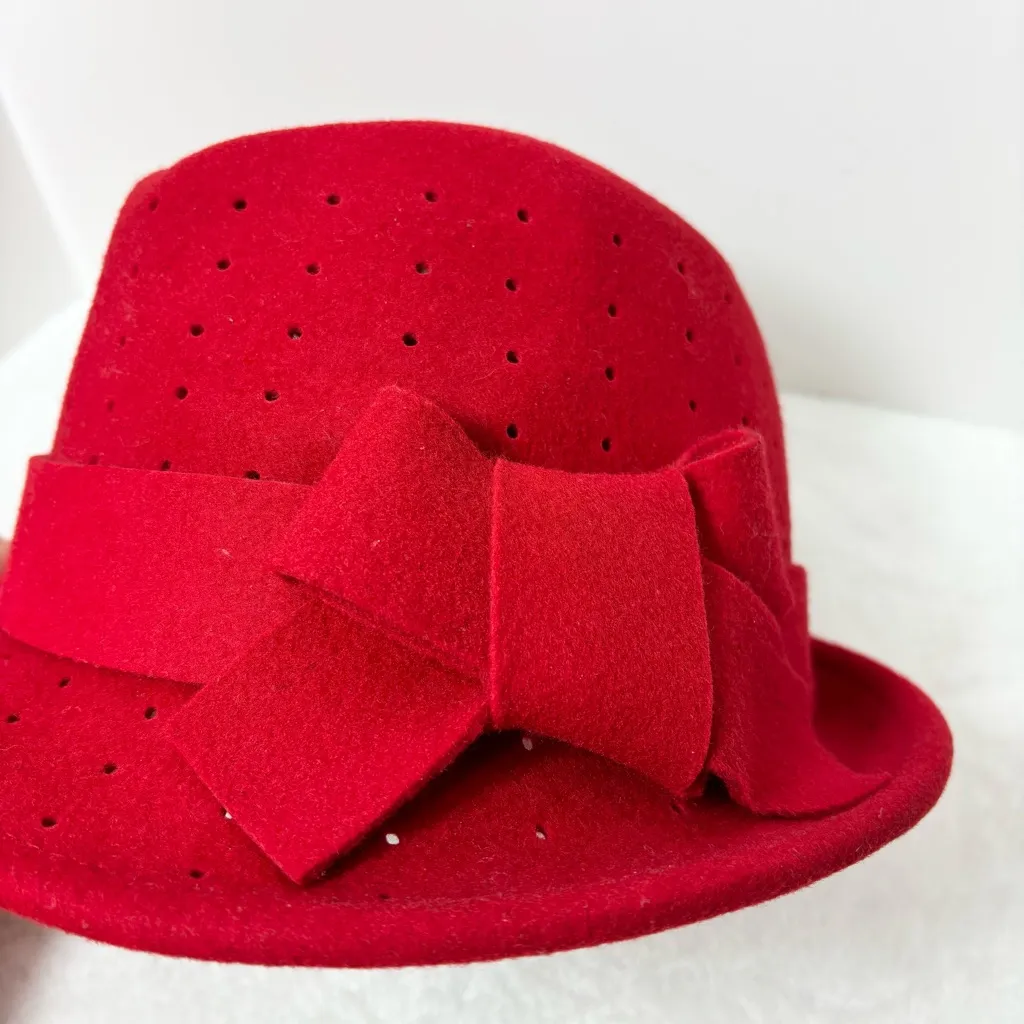 Midnight‎ Velvet 100% Wool Fedora Red Hat with Bow - Image 5