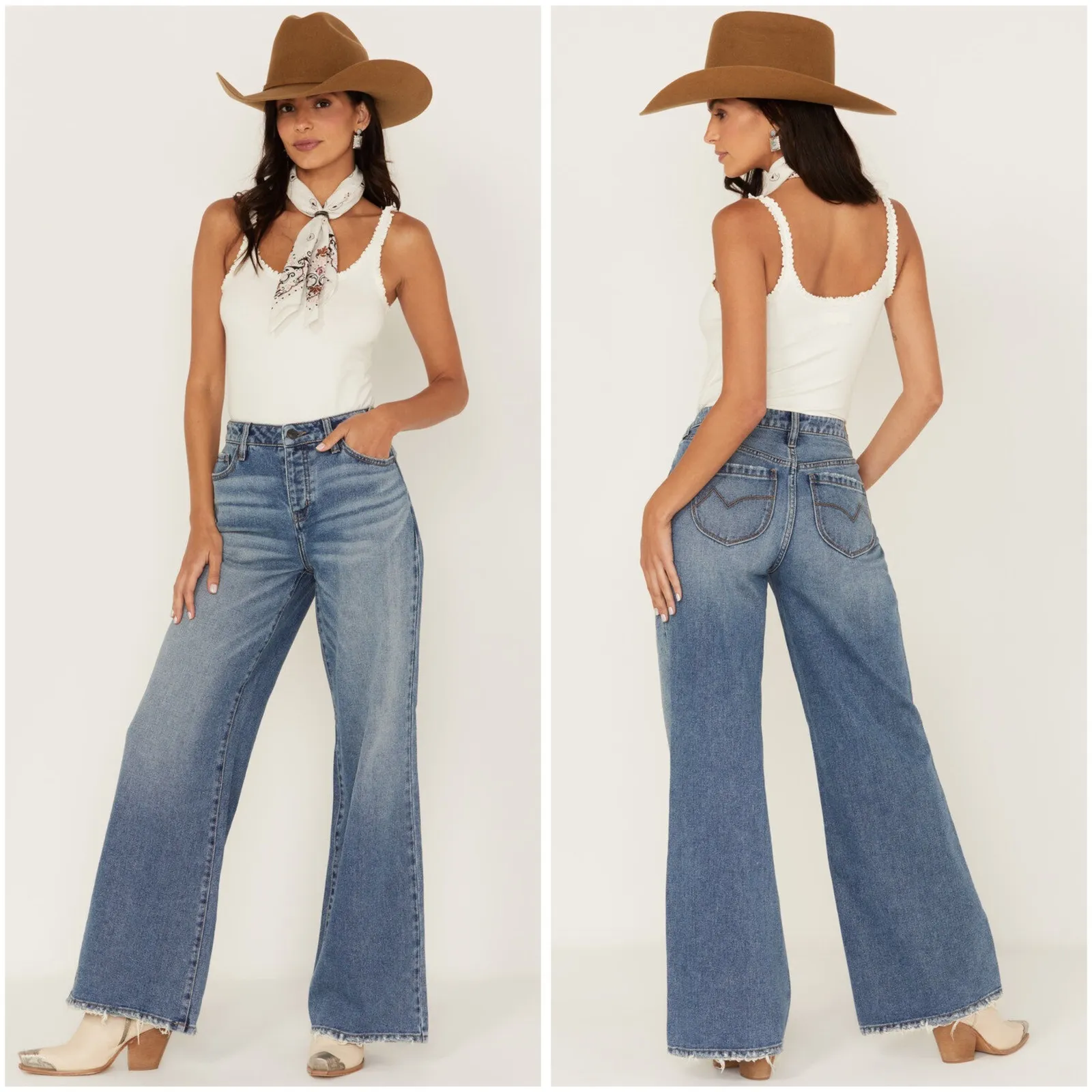 Cleo + Wolf High‎ Rise Loose Fit Flare Leg Jeans Distressed Hem 28W x 32L Blue Size 28 - Image 2