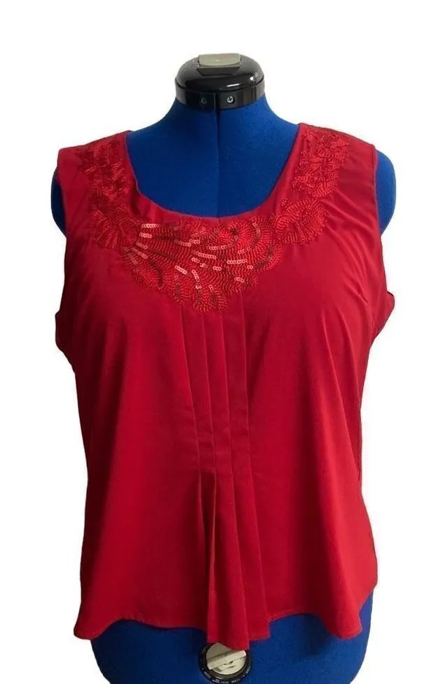 COLDWATER CREEK Women’s Red Top Size Large Embroidered Beaded Ruched Sleeveless - Image 1