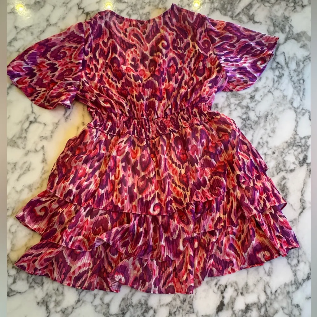 EUC Zara Vibrant Printed Metallic Pink Purple Patterned Tiered Mini Dress Sz XL - Image 9