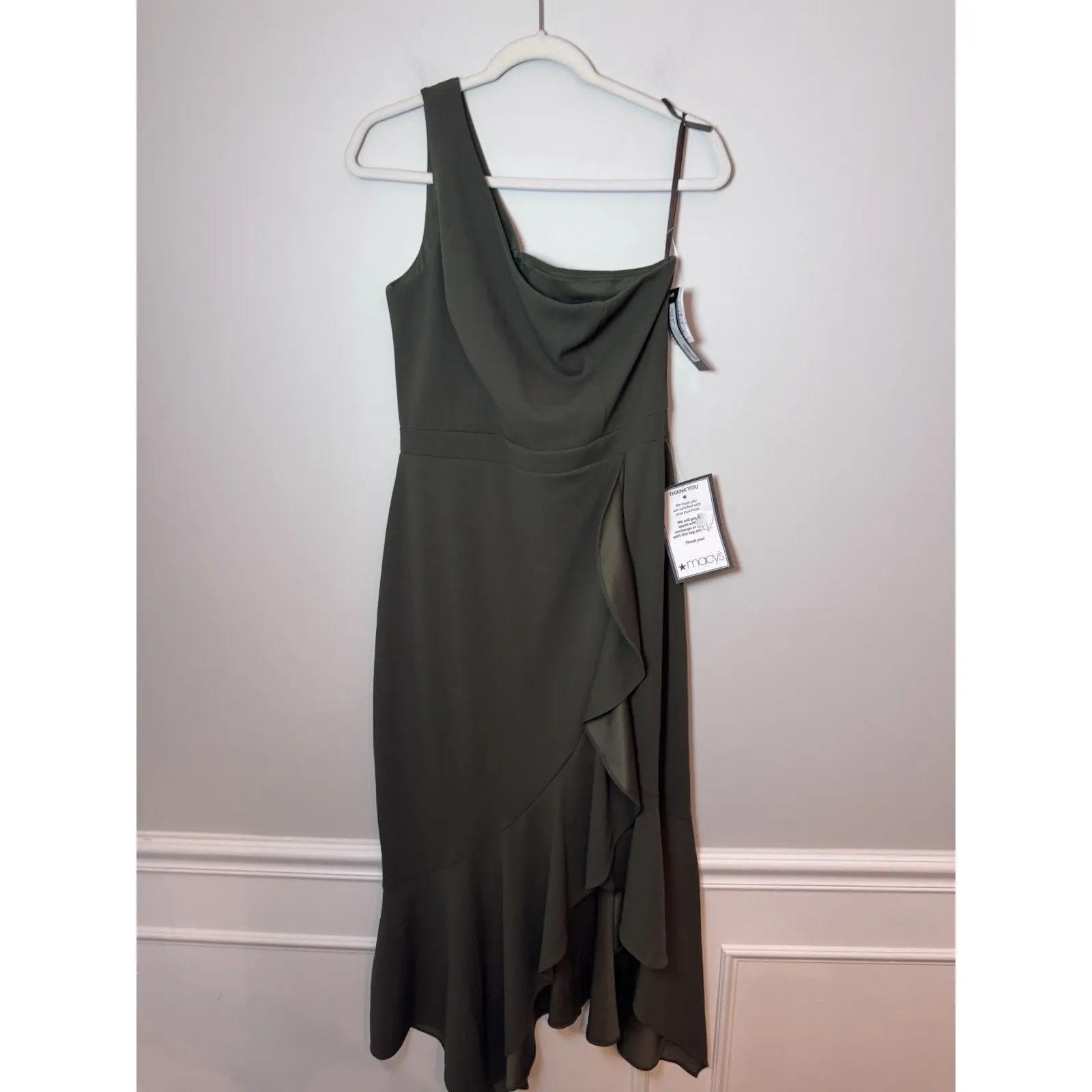 XSCAPE One Shoulder Asymmetric Hem Gown STYLE: 4840X Olive Green Sz 12 NWT $239 - Image 3
