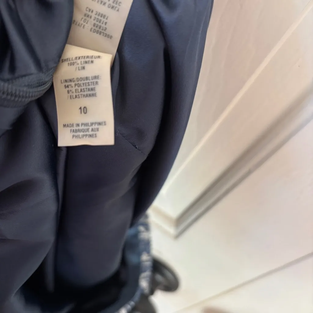 Elie Tahari Navy and White Floral Chambray A-Line Skirt 100% Linen Size 10 - Image 13