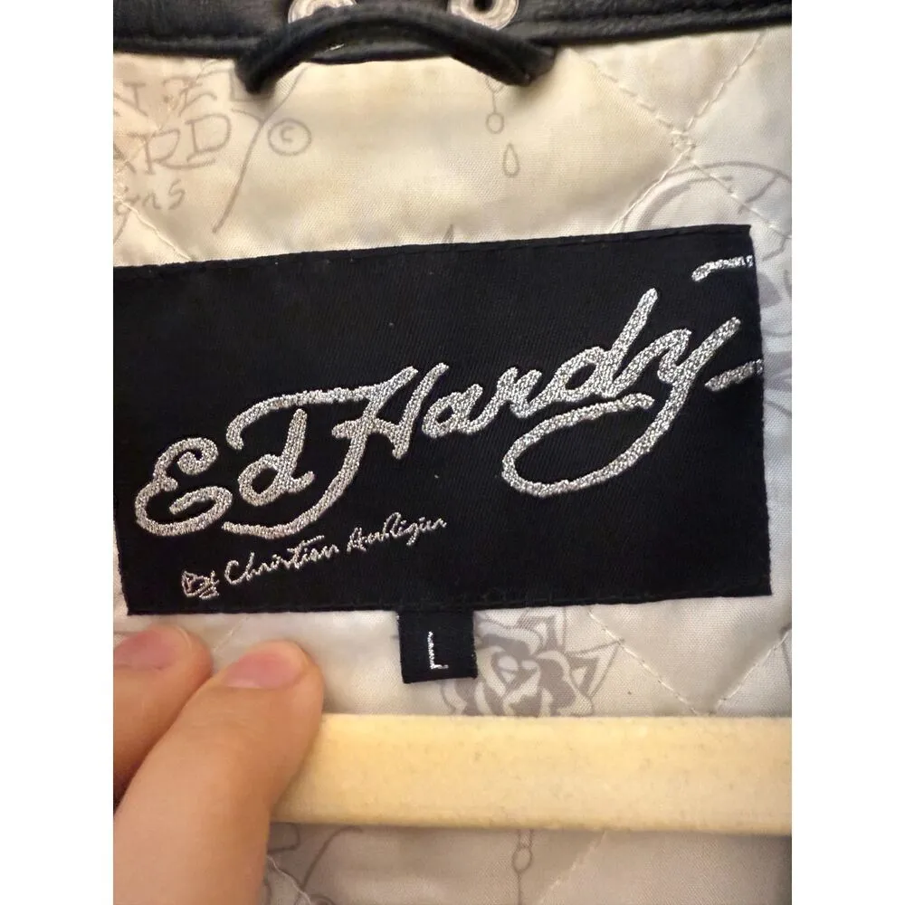 Ed Hardy Womens Grey Genuine Leather Biker Moto Jacket Size L - Image 9