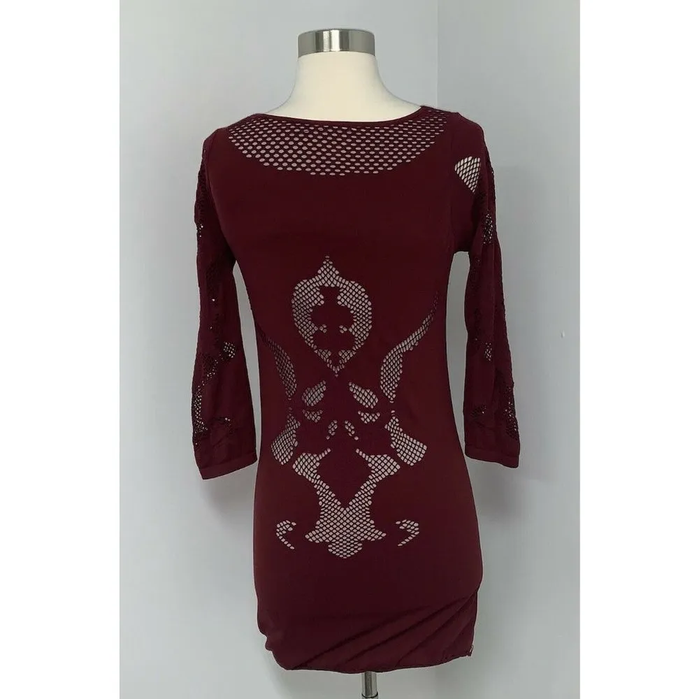 Intimately Free People Maroon Burgundy Bodycon Dress M L Long Sleeve Minidress - Image 5