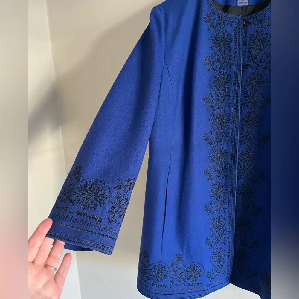Peter Nygard Vtg Blue Wool Embroidered Coat 14P Longline Button Front Boho Chic - Image 4