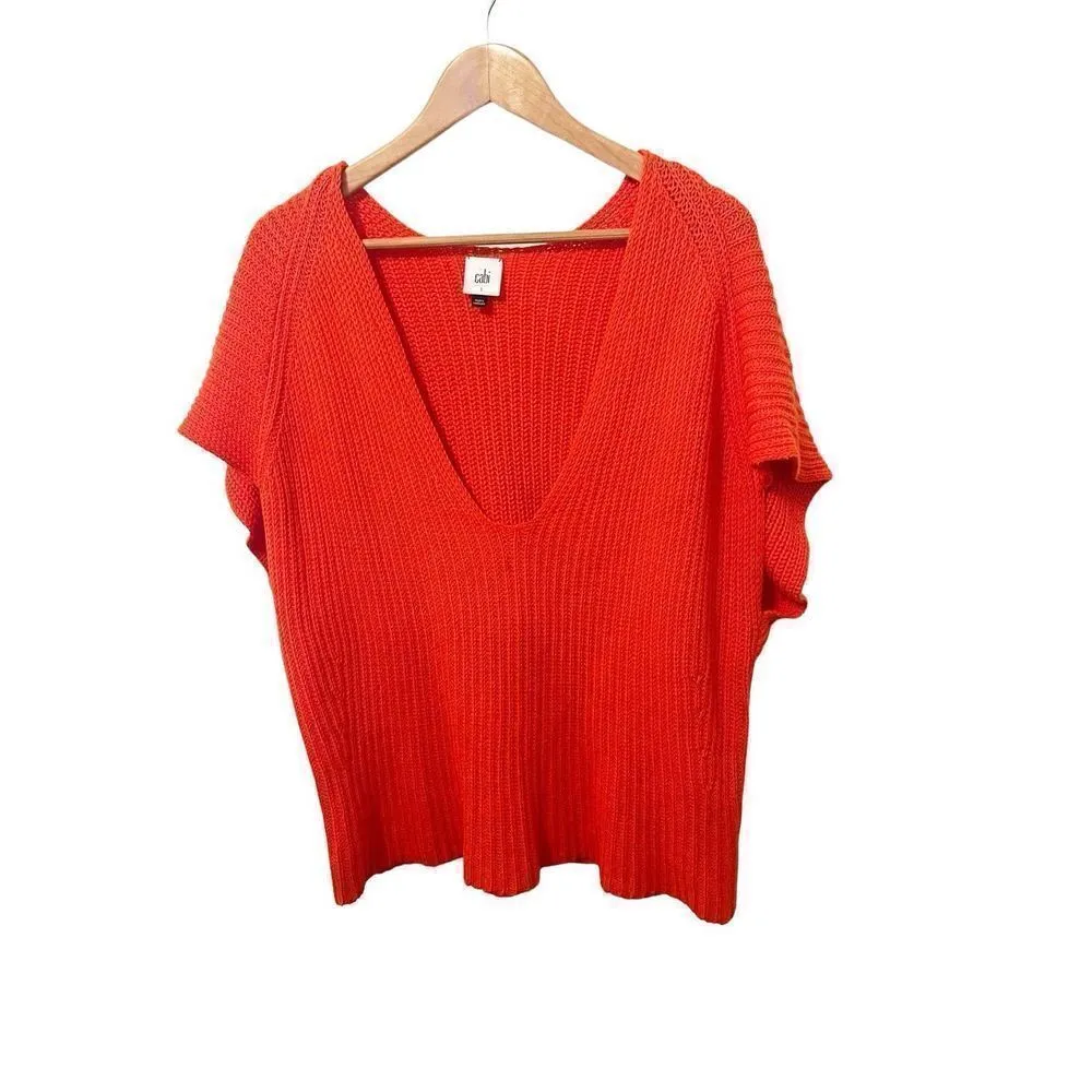 CAbi  Ruby Red Slouchy Knit‎ Pullover Short Sleeve V-Neck Sweater - Image 3