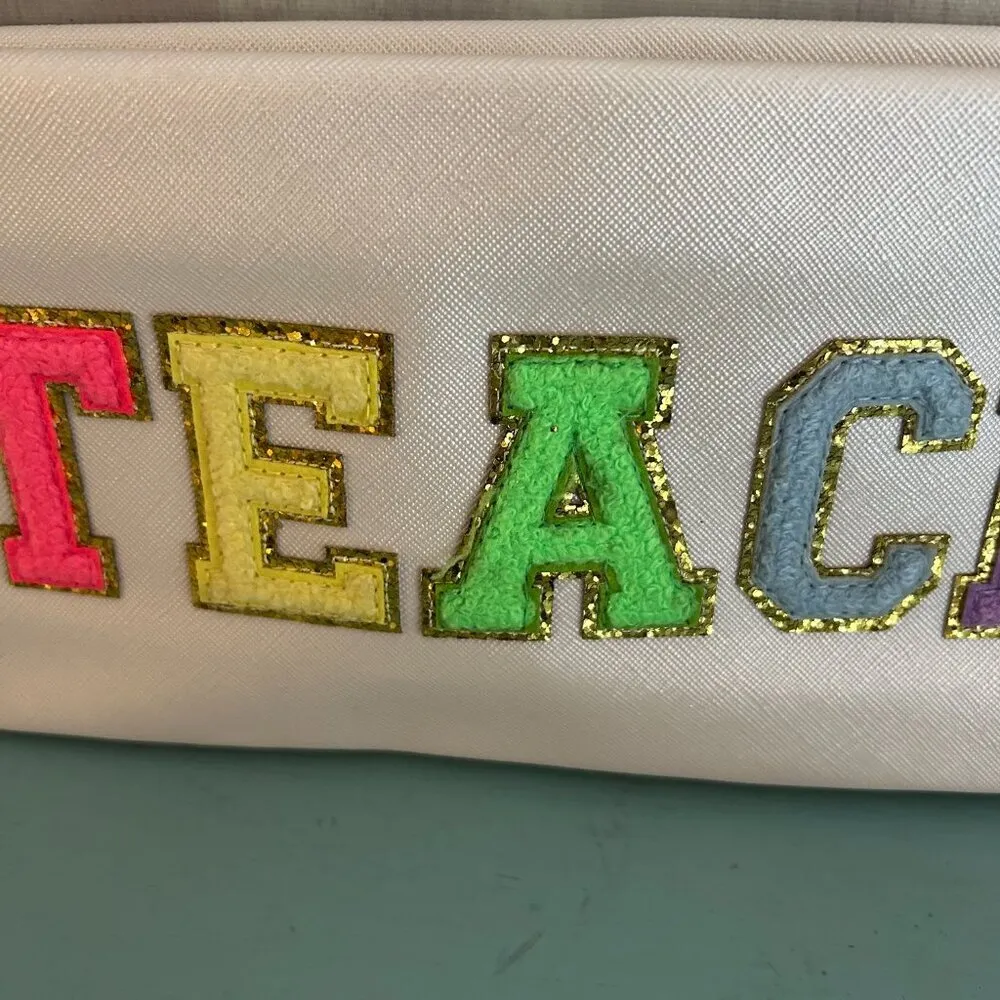 NEW TEACH Letter Makeup Bag Colorful TEACHER Chenille Letter Patch Cosmetic Bag White - Image 4