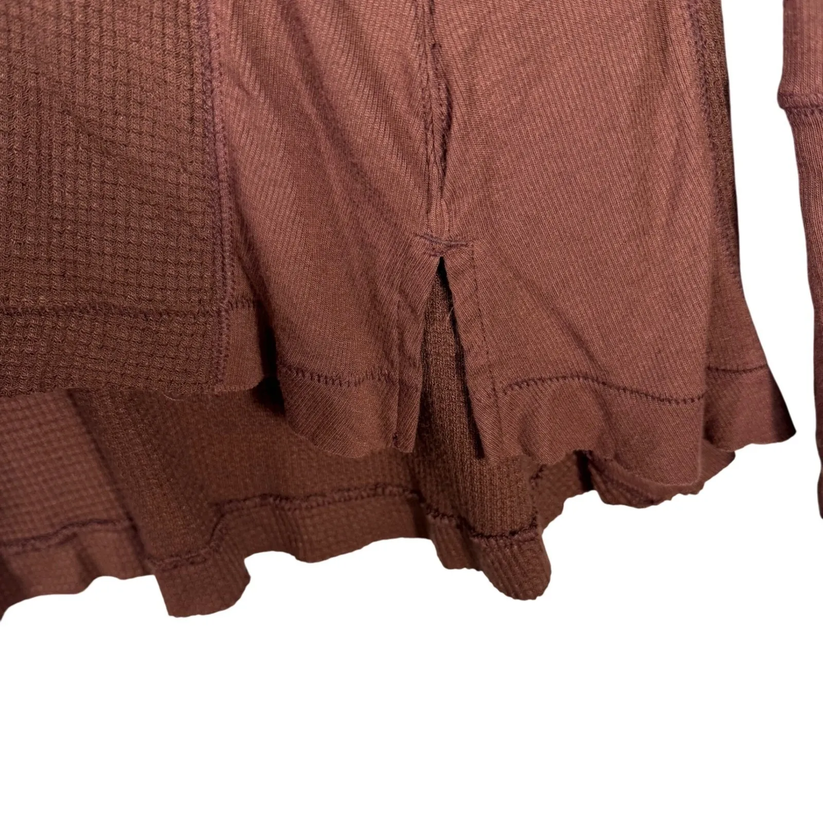 We The Free Free People Brown Waffle Knit Long Sleeve Scoop Neck Hi Low Top S - Image 5
