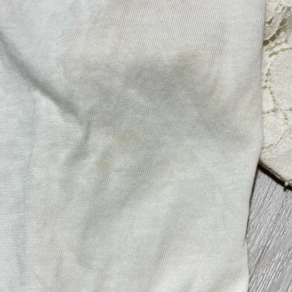 Merona Ivory Lace Overlay 3/4 Sleeve Top Women’s M Metallic Gold Shimmer Detail - Image 7