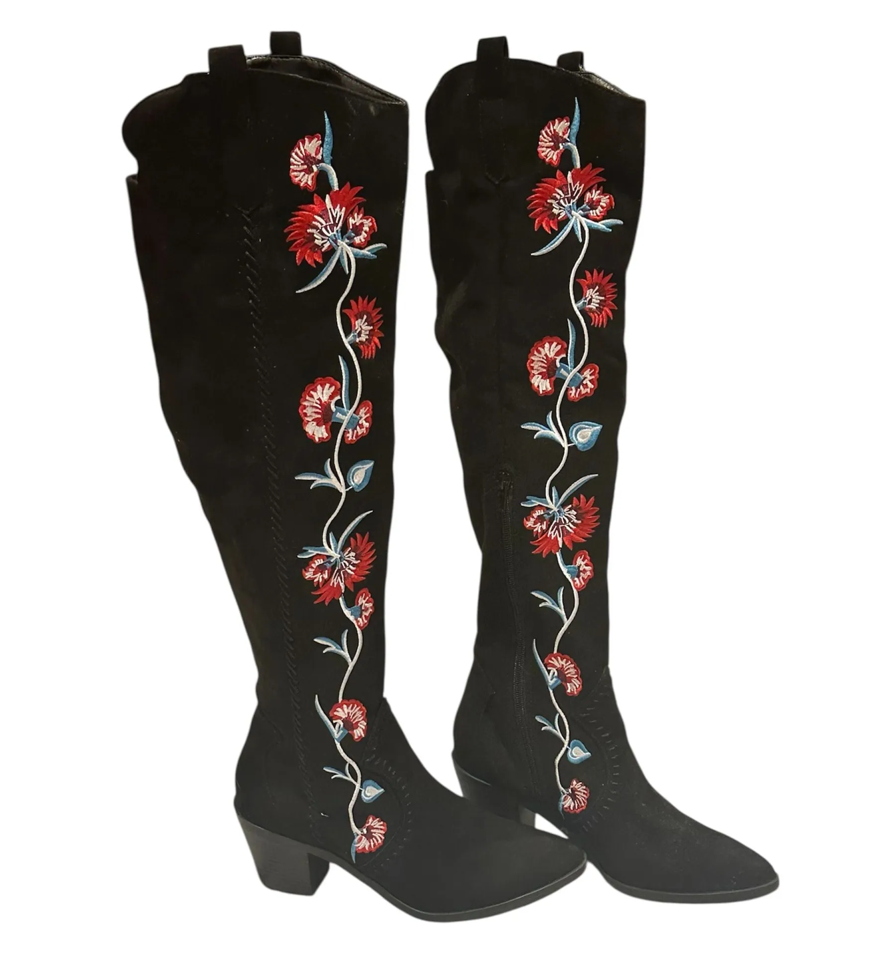 Carlos Santana Alexia Black Suede Floral Embroidered Knee High Boots 7.5 - Image 2