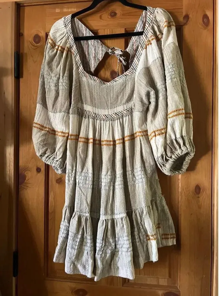 Free People Cotton Blend open tie back mini dress balloon sleeve Boho Western M - Image 5