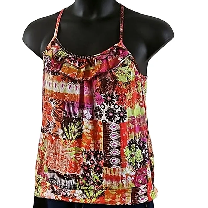 Almost Famous Sleeveless Boho Patchwork Print Top with Crochet Racerback Size XL - Image 3