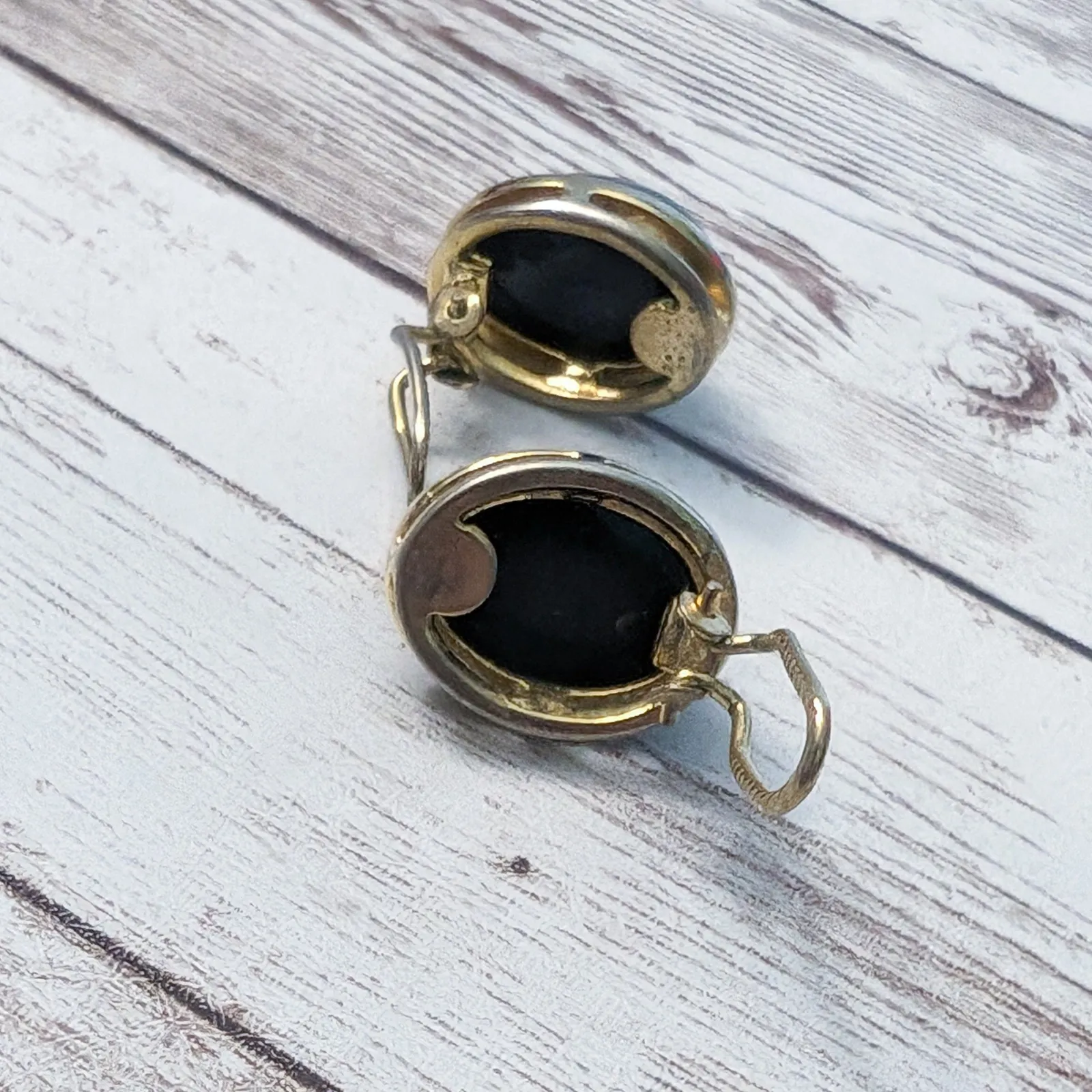 Vintage Clip On Earrings Black 3D Domed with Gold Tone Halo - Image 8