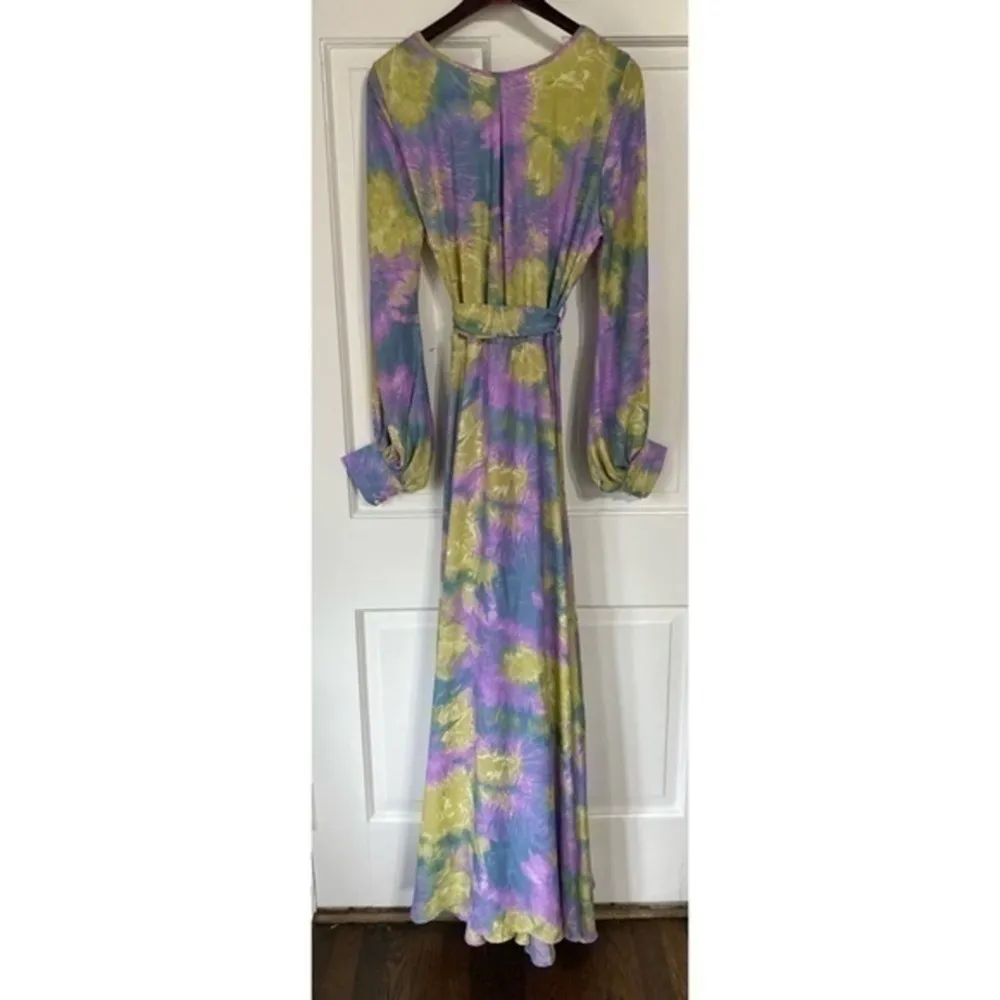 Meghan LA Lilypad Psychedelic Floral Tie Dye Long Sleeve Surplice Maxi Dress L - Image 2