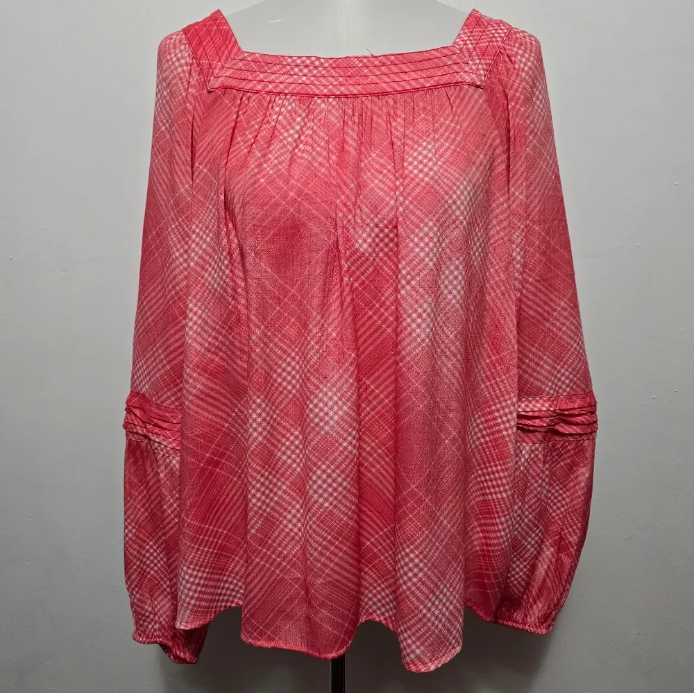 LC Lauren Conrad Pink Plaid Shirred Peasant Tops Size Large - Image 2