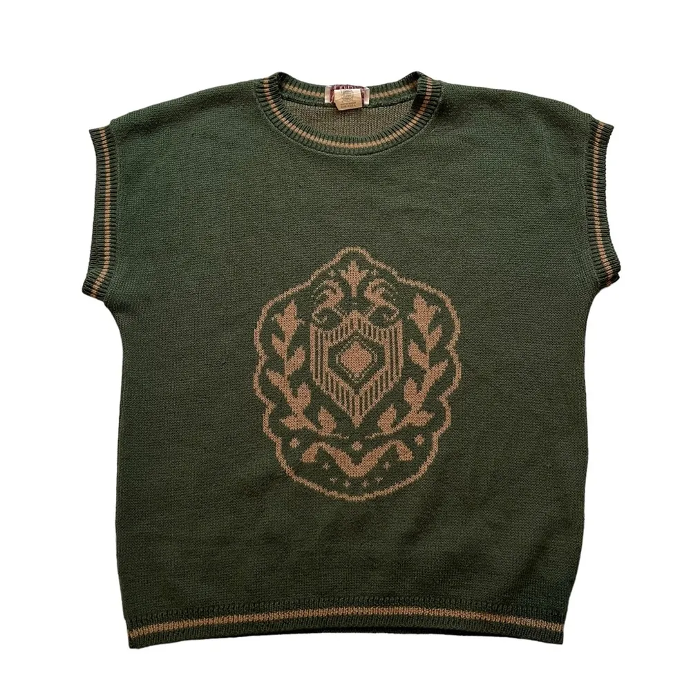 Vintage It's Pure Gould Women's Green Sweater Vest Gold Medalliion - Image 6