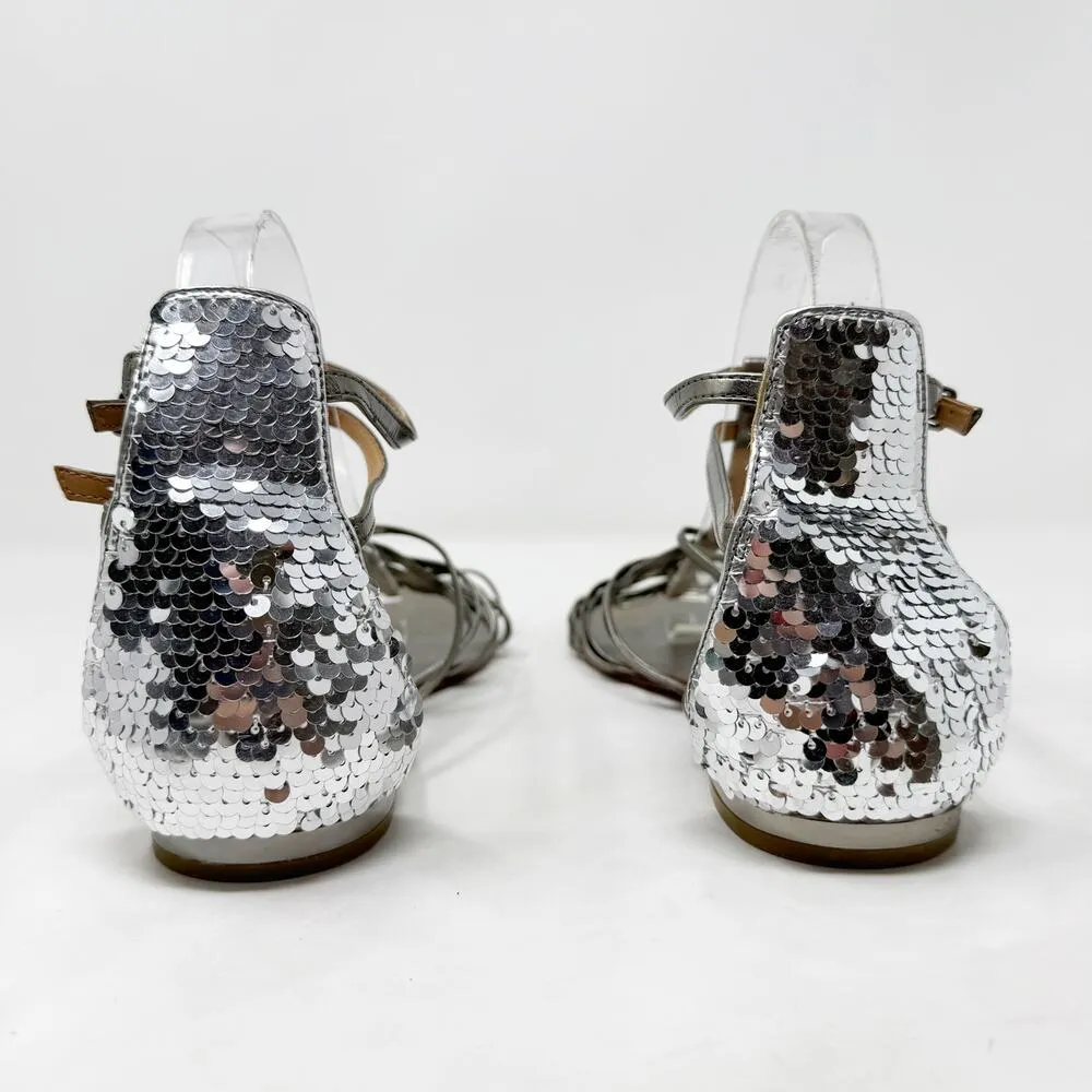 [Schutz] Metallic Silver Leather Sequined Back Strappy Gladiator Sandals Size 9 - Image 3