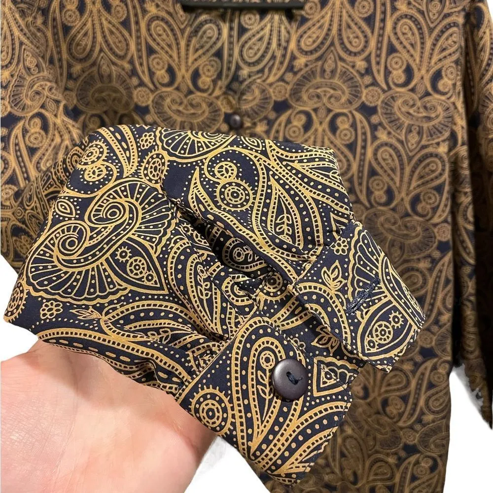 Notations Vintage Gold Blue Hippie Eclectic Paisley Psychedelic Button Up Blouse - Image 3