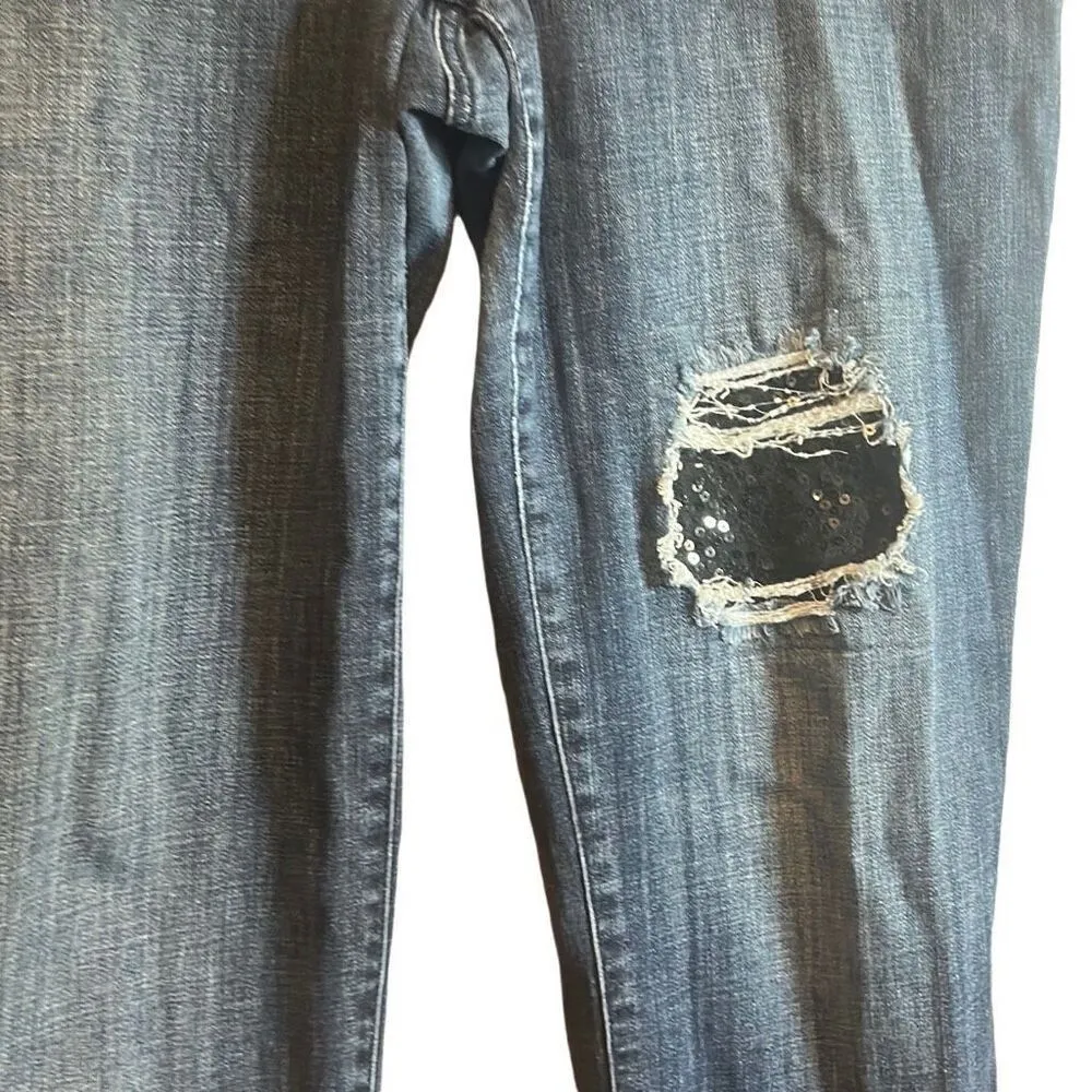 Distressed Jeans Medium‎ Wash Sequin Patch Denim Pants Casual Everyday - Image 3
